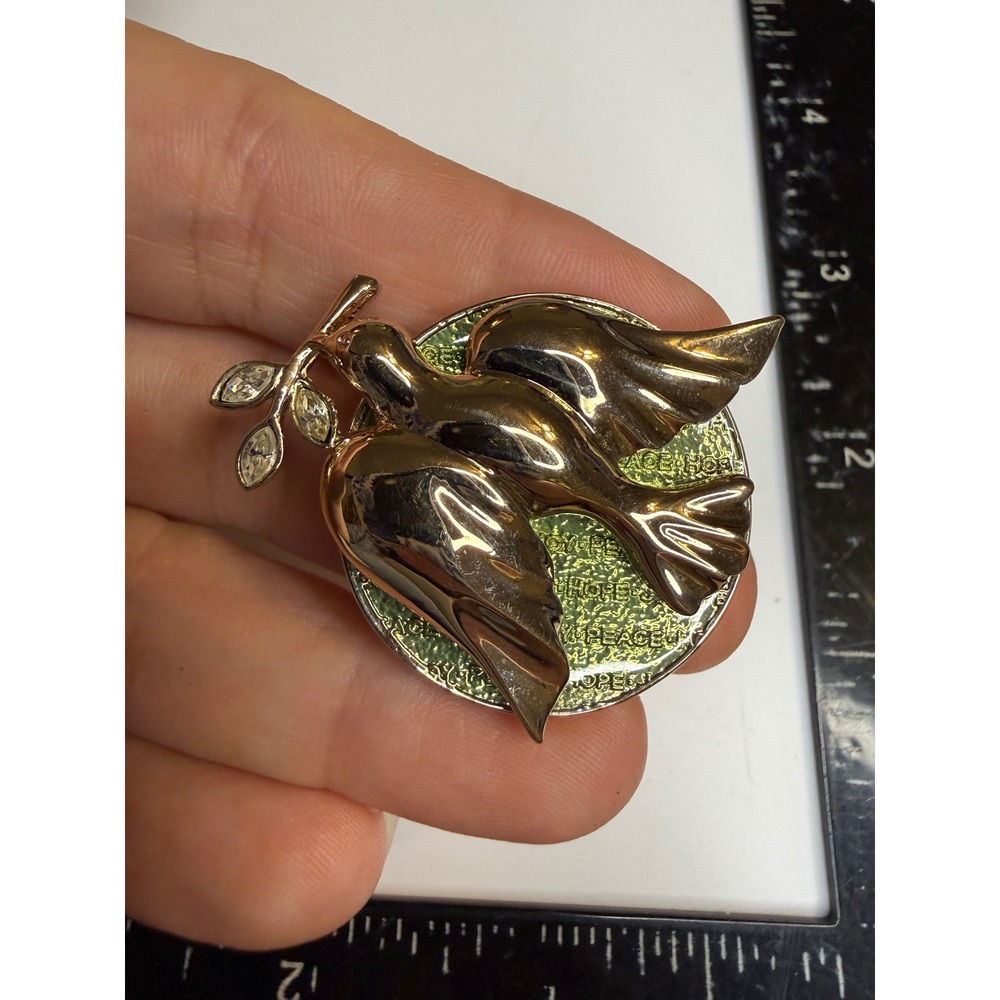Gold Tone Dove Peace Hope Joy Enamel Pin Brooch Rhinestone Olive Branch